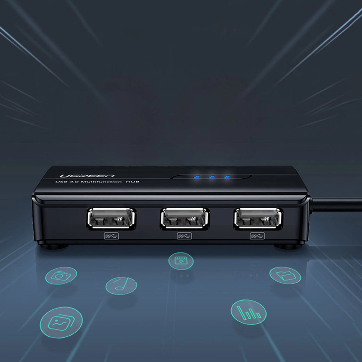 Ugreen 20264 RJ45 / USB-A 10/100Mbps HUB netværksadapter 3x USB-A 2.0 - sort