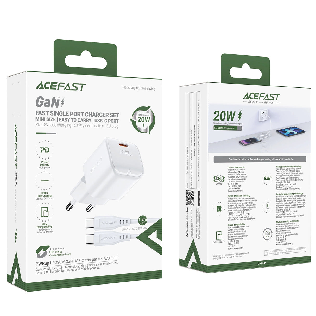 Acefast A73 Mini PD 20W GaN vægoplader + USB-C kabel - hvid