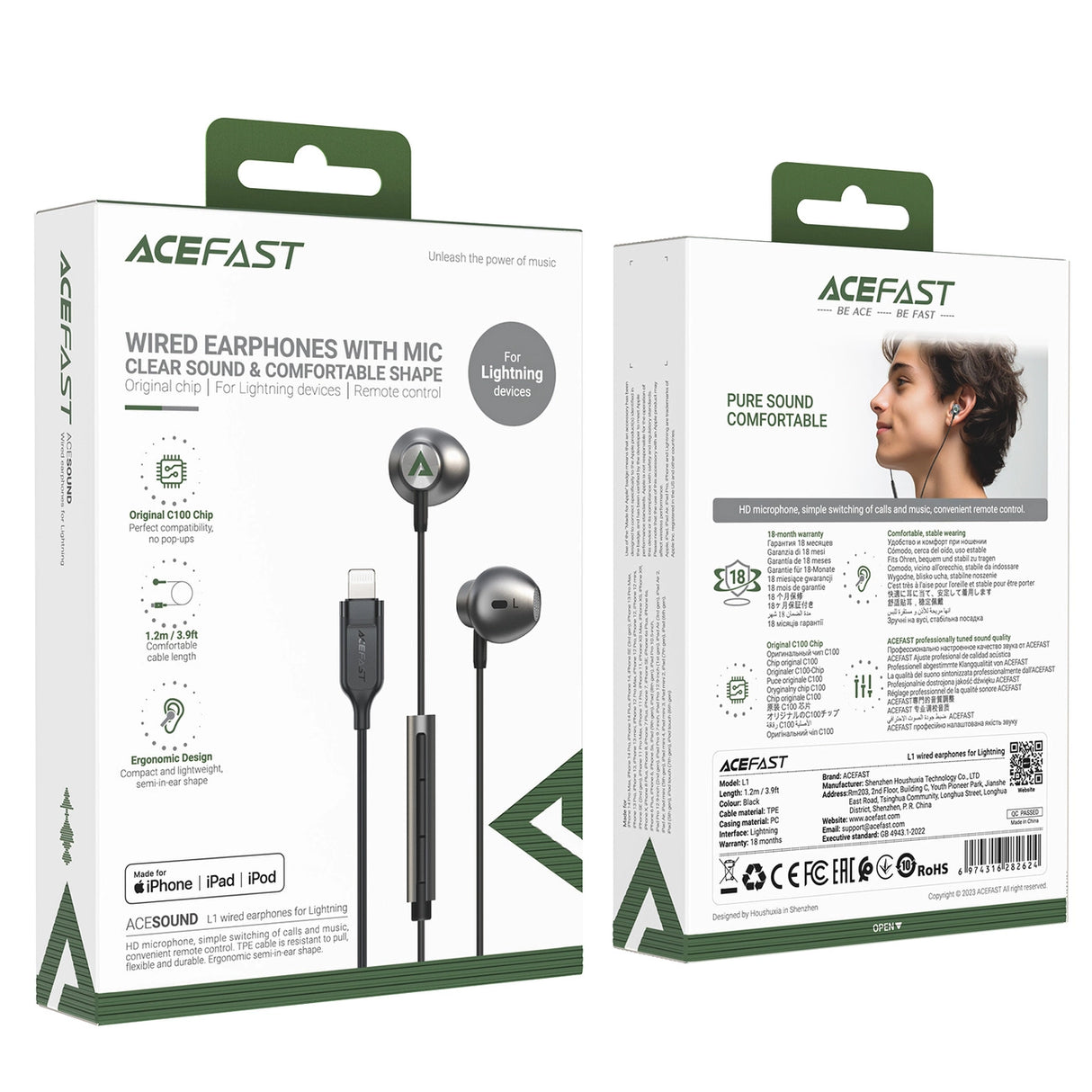 Acefast L1 øretelefoner med Lightning-stik, mikrofon og fjernbetjening 1,2 m - sort