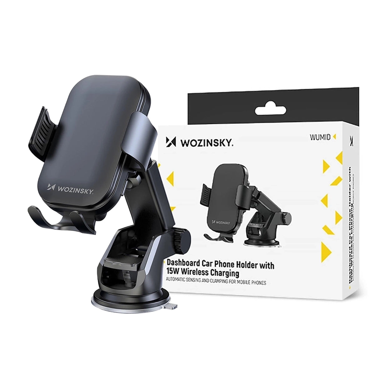 Wozinsky WUMID-telefonholder med 15W induktiv oplader til bilens instrumentbræt - sort