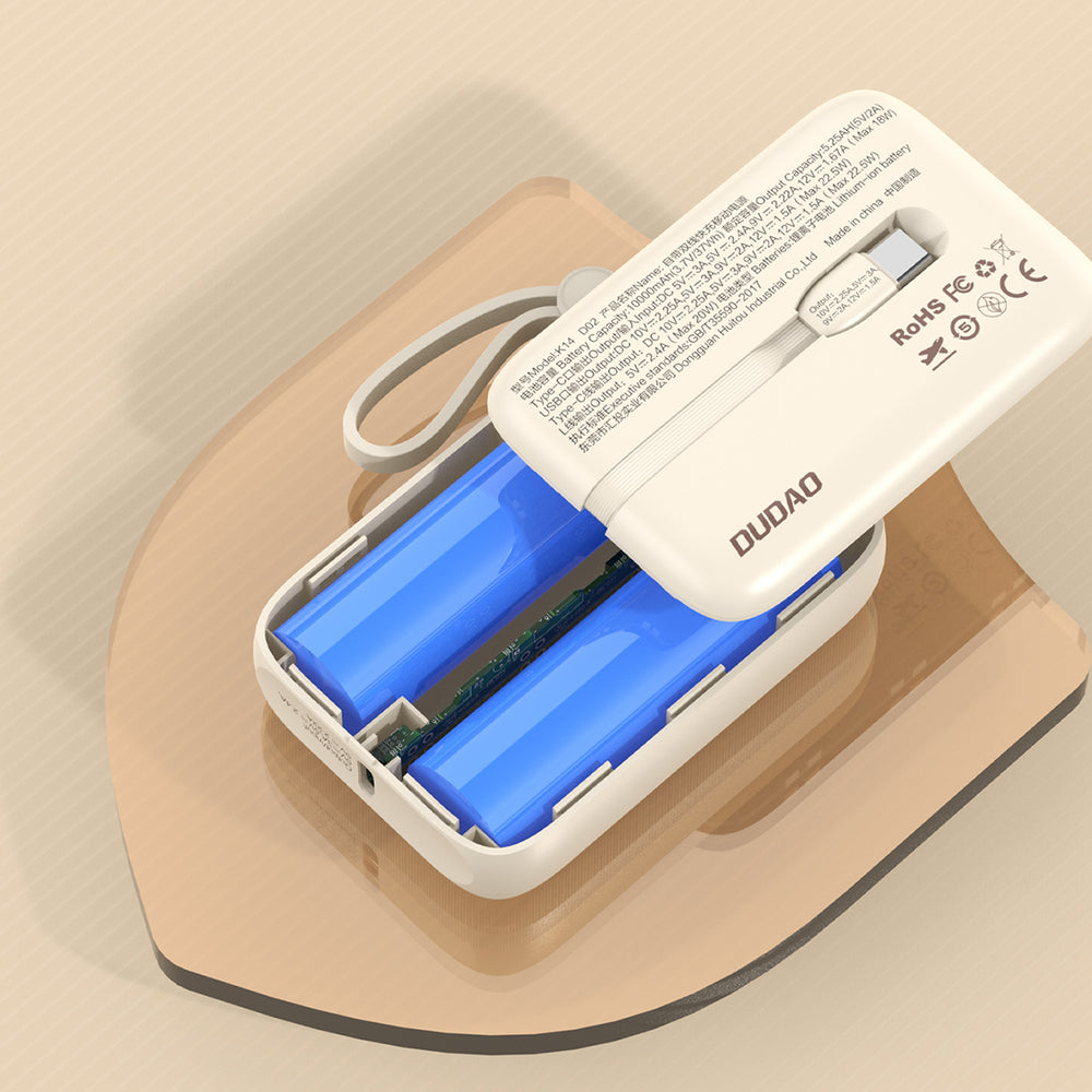 Dudao K14 10000mAh powerbank med USB-C / Lightning kabler - beige