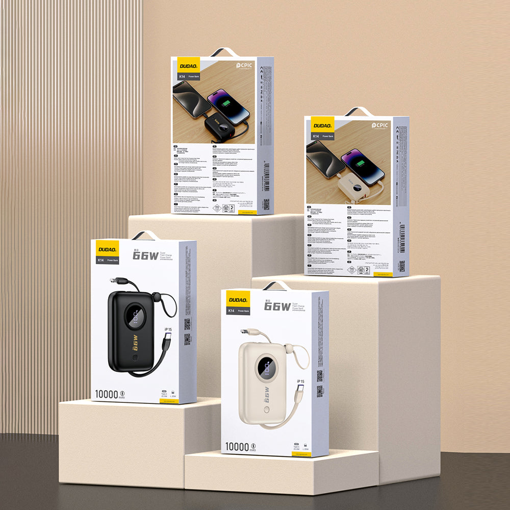 Dudao K14 10000mAh powerbank med USB-C / Lightning kabler - beige