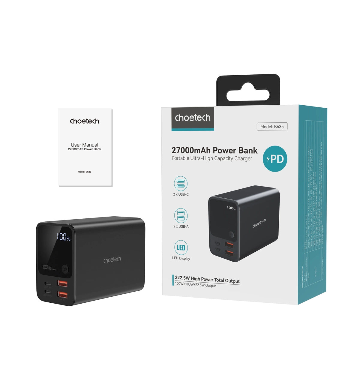 Choetech B635BK USB-A / USB-C Powerbank 22.5W 27000mAh - sort