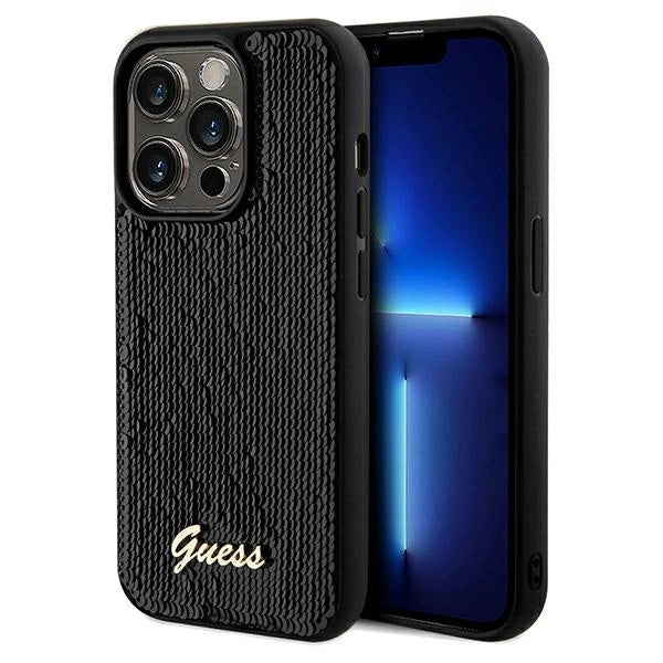 Guess Sequin Script Metallæske til iPhone 14 Pro - sort