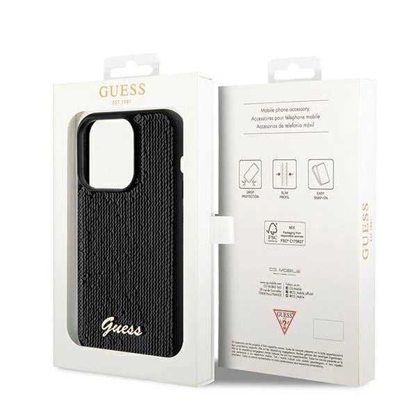 Guess Sequin Script Metallæske til iPhone 14 Pro - sort