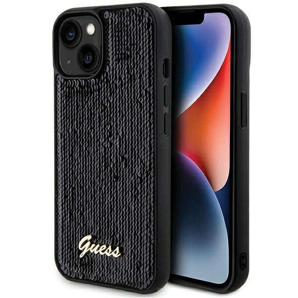 Guess Sequin Script Metallæske til iPhone 14 / 15 / 13 - sort