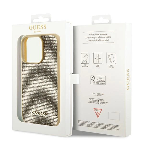 Guess Disco Metal Script-hylster til iPhone 14 Pro Max - guld