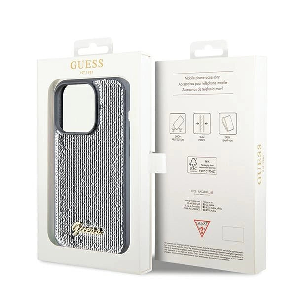 Guess Sequin Script Metallæske til iPhone 14 Pro Max - sølv