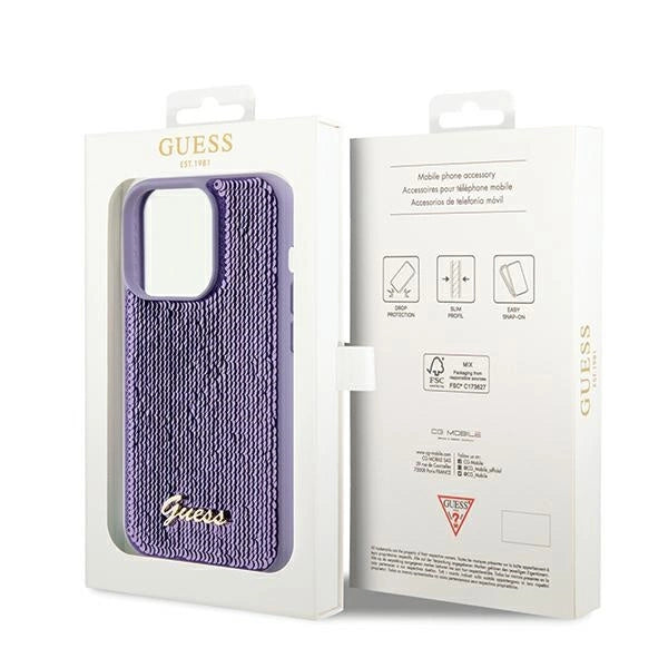 Guess Sequin Script Metallæske til iPhone 14 Pro Max - lilla