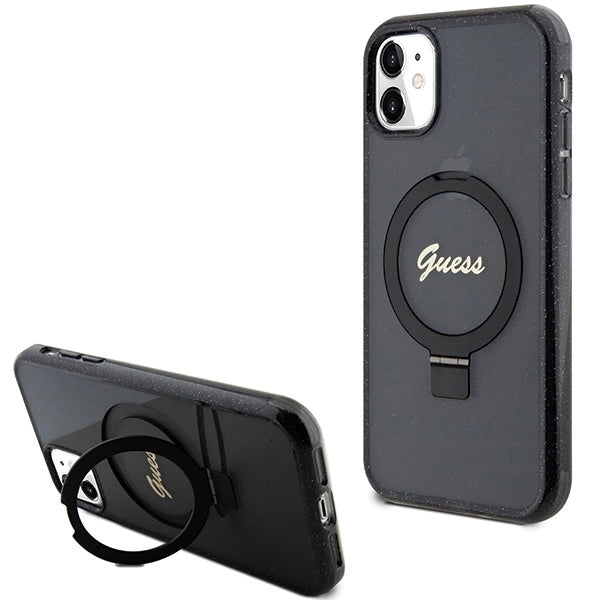 Guess Ring Stand Script Glitter MagSafe-hylster til iPhone 11 / Xr - sort