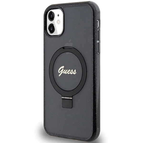 Guess Ring Stand Script Glitter MagSafe-hylster til iPhone 11 / Xr - sort