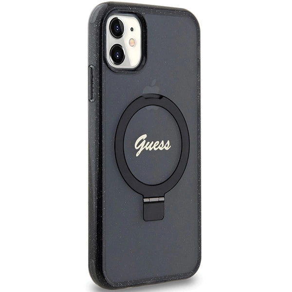 Guess Ring Stand Script Glitter MagSafe-hylster til iPhone 11 / Xr - sort