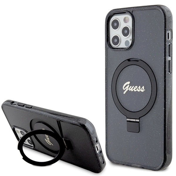 Guess Ring Stand Script Glitter MagSafe-hylster til iPhone 12/12 Pro - sort