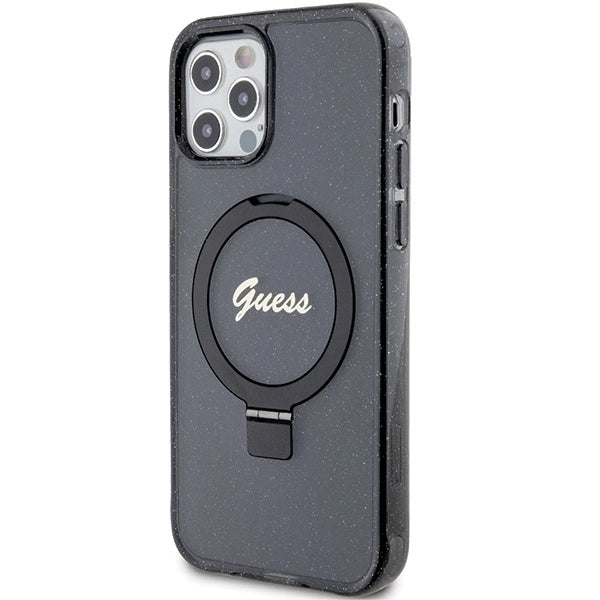 Guess Ring Stand Script Glitter MagSafe-hylster til iPhone 12/12 Pro - sort