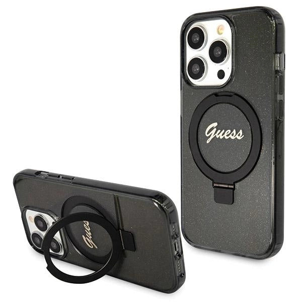 Guess Ring Stand Script Glitter MagSafe-hylster til iPhone 13 Pro Max - sort