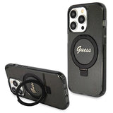 Guess Ring Stand Script Glitter MagSafe-hylster til iPhone 13 Pro Max - sort