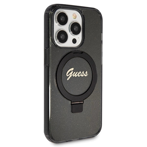 Guess Ring Stand Script Glitter MagSafe-hylster til iPhone 13 Pro Max - sort