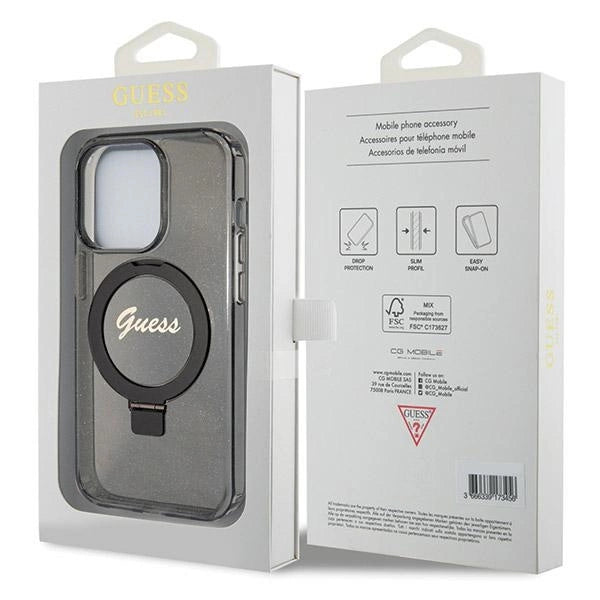 Guess Ring Stand Script Glitter MagSafe-hylster til iPhone 13 Pro Max - sort