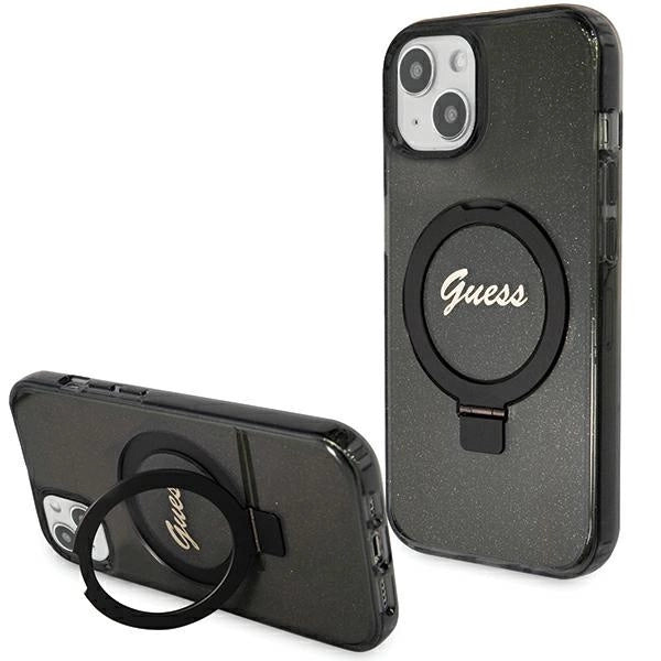 Guess Ring Stand Script Glitter MagSafe-kasse til iPhone 14 / 15 / 13 - sort