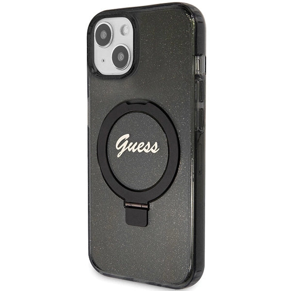 Guess Ring Stand Script Glitter MagSafe-kasse til iPhone 14 / 15 / 13 - sort