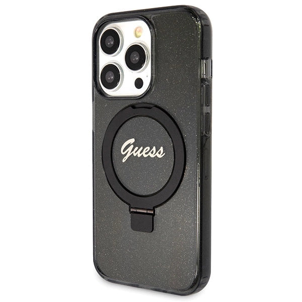 Guess Ring Stand Script Glitter MagSafe-hylster til iPhone 14 Pro Max - sort