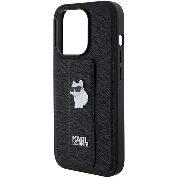 Karl Lagerfeld Gripstand Saffiano Choupette Pins case for iPhone 14 Pro - black