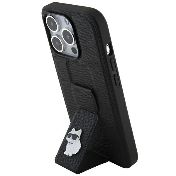 Karl Lagerfeld Gripstand Saffiano Choupette Pins case for iPhone 14 Pro - black