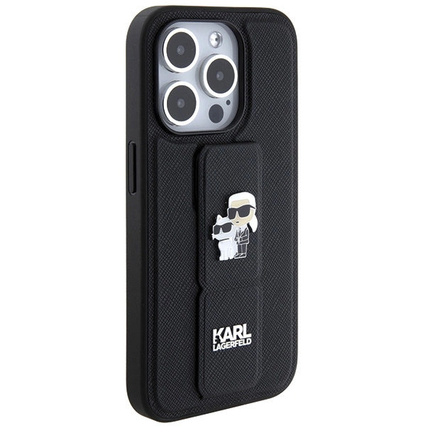 Karl Lagerfeld Gripstand Saffiano Karl&Choupette Pins case for iPhone 14 Pro - black