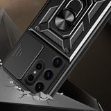 Hybrid Armor Camshield-hylster til Samsung Galaxy S24 Ultra med kameraomslag - sort