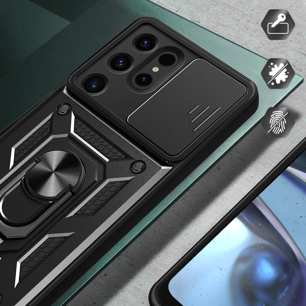 Hybrid Armor Camshield-hylster til Samsung Galaxy S24 Ultra med kameraomslag - sort