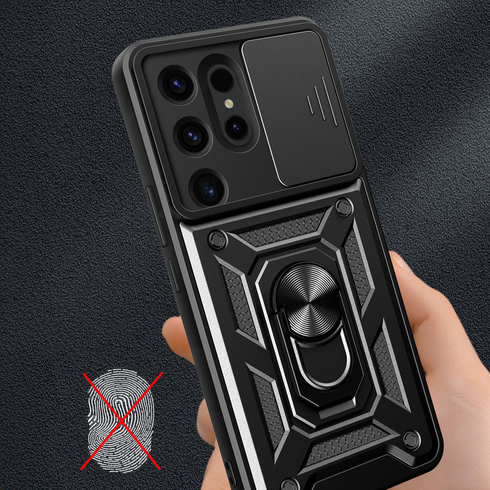 Hybrid Armor Camshield-hylster til Samsung Galaxy S24 Ultra med kameraomslag - sort