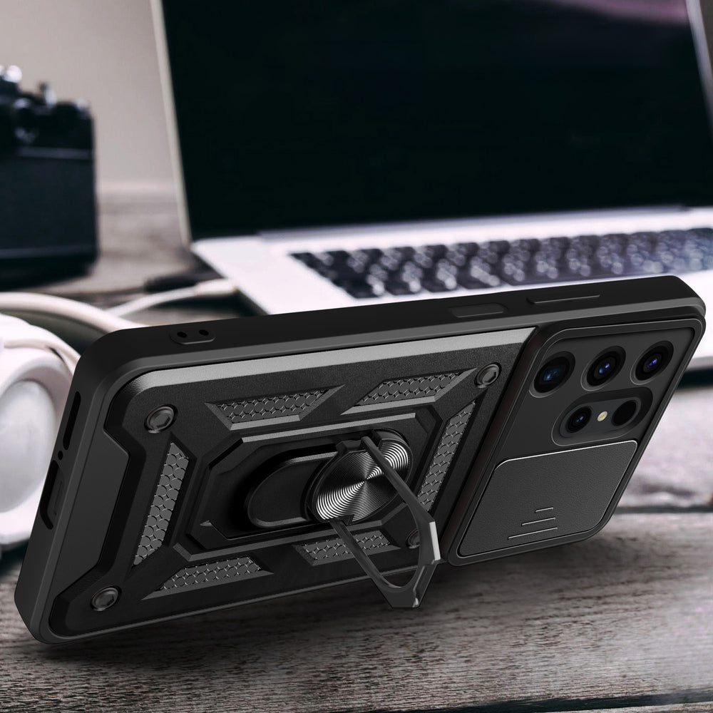 Hybrid Armor Camshield-hylster til Samsung Galaxy S24 Ultra med kameraomslag - sort