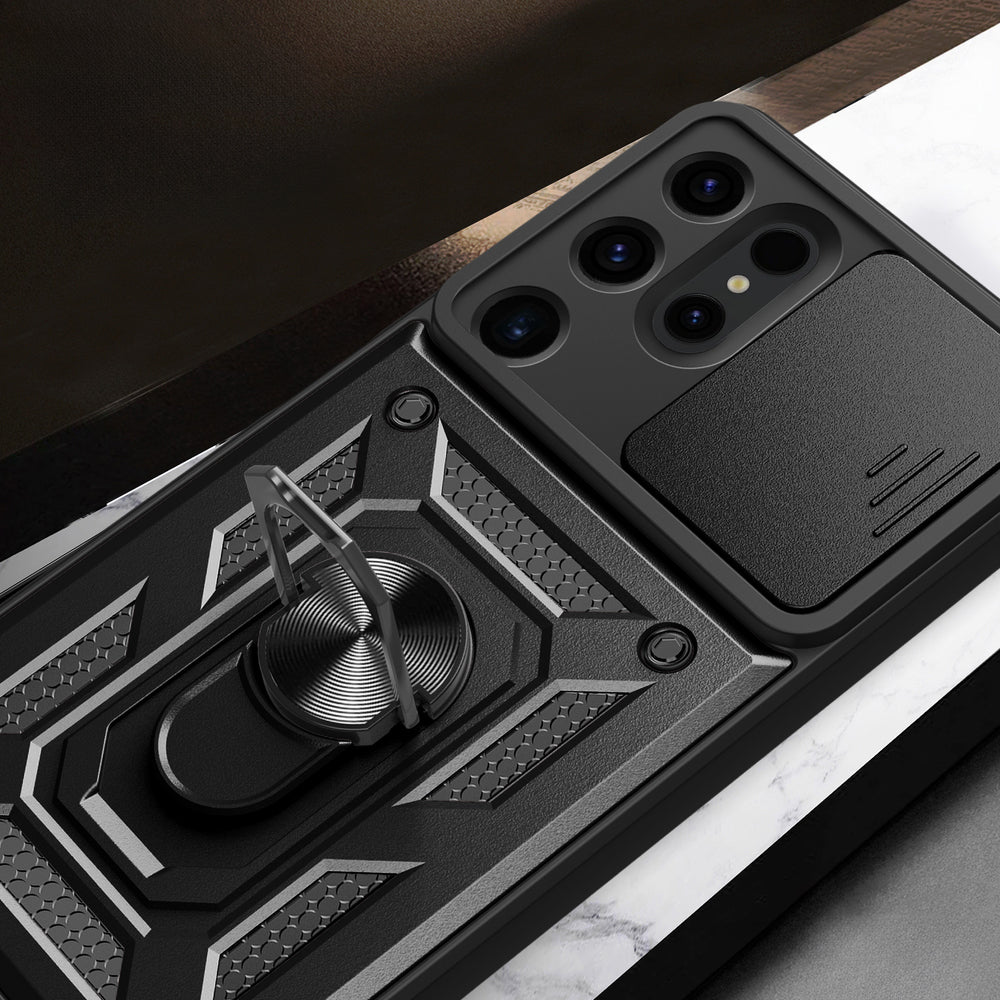 Hybrid Armor Camshield-hylster til Samsung Galaxy S24 Ultra med kameraomslag - sort