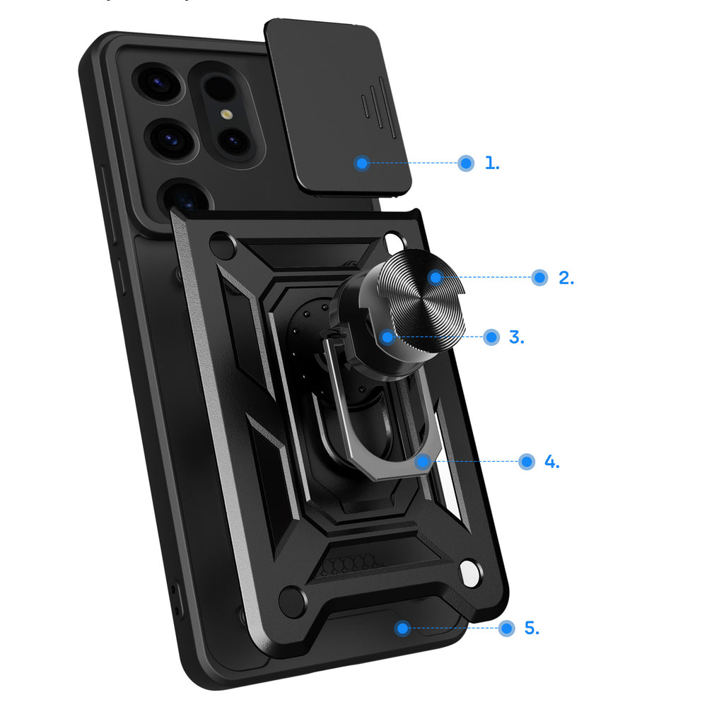 Hybrid Armor Camshield-hylster til Samsung Galaxy S24 Ultra med kameraomslag - sort