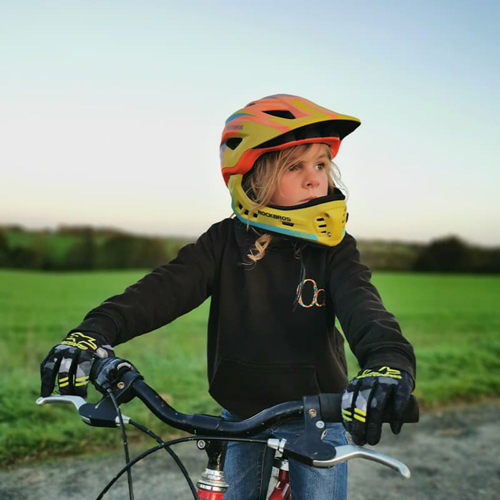 Rockbros TT-32SOYB-M children's bicycle helmet with detachable chinbar, size M - yellow-orange