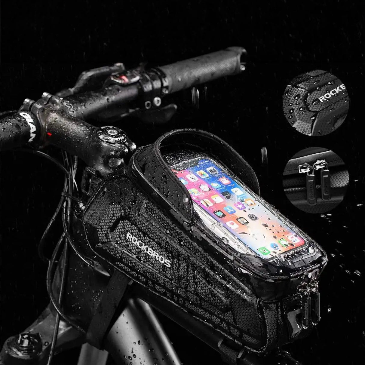 Rockbros B68 cykeltaske til pansret ramme med telefonlomme og dække 1,7l - sort