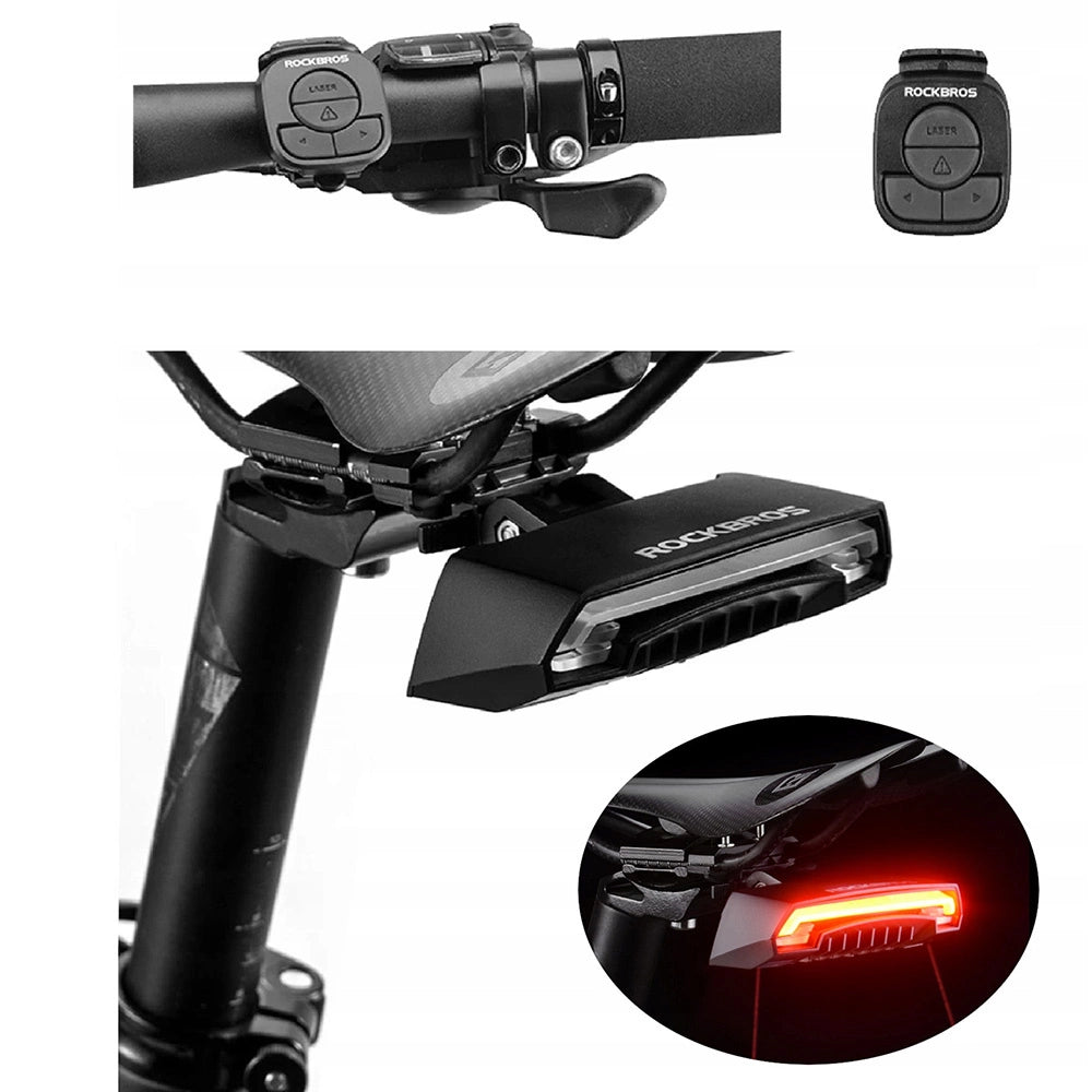 Rockbros LKWD-R1 baghjulslys med laser og fjernbetjening + Micro USB - USB-A-kabel - sort