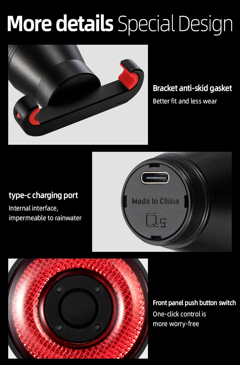 Rockbros Q5 baglys med intelligent stopsystem - sort