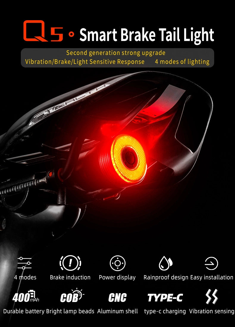 Rockbros Q5 baglys med intelligent stopsystem - sort