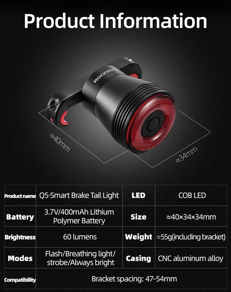 Rockbros Q5 baglys med intelligent stopsystem - sort