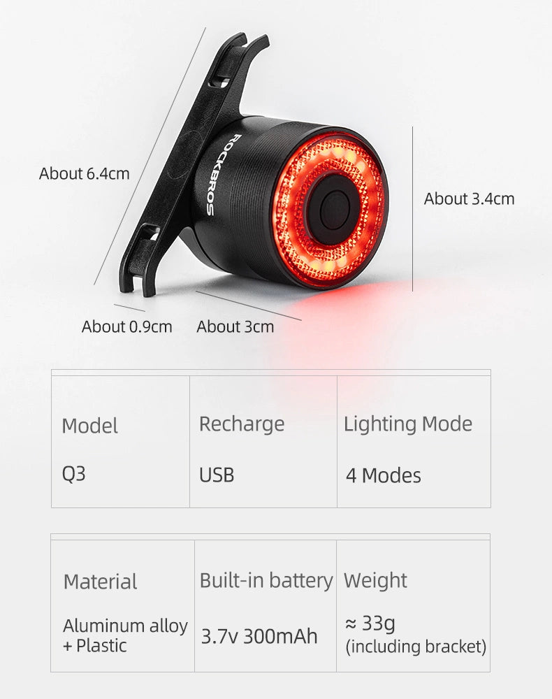 Rockbros Q3 baglys med smart stop system - sort