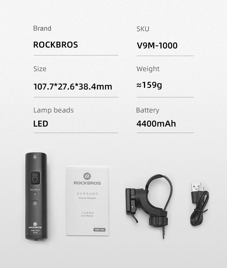 Rockbros V9M-1000 forhjulslys 1000lm - sort