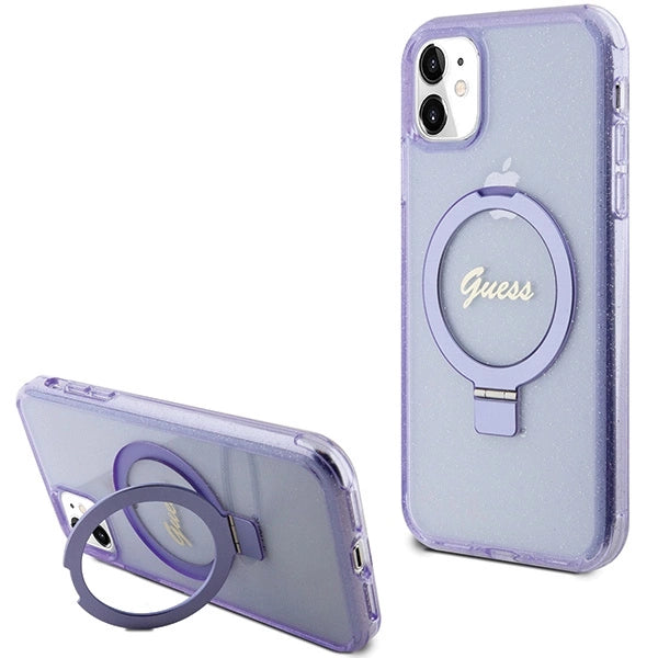 Guess Ring Stand Script Glitter MagSafe-hylster til iPhone 11 / Xr - lilla