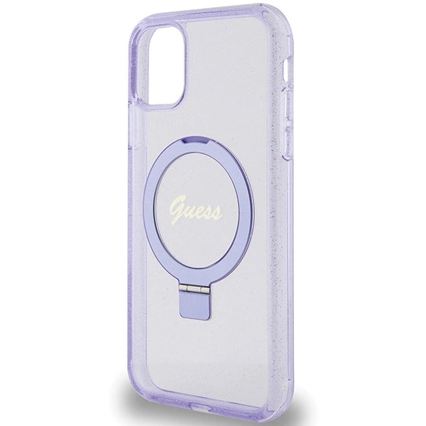 Guess Ring Stand Script Glitter MagSafe-hylster til iPhone 11 / Xr - lilla