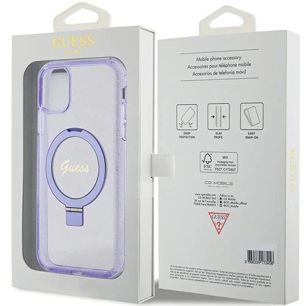 Guess Ring Stand Script Glitter MagSafe-hylster til iPhone 11 / Xr - lilla