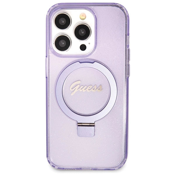 Guess Ring Stand Script Glitter MagSafe-hylster til iPhone 13 Pro Max - lilla