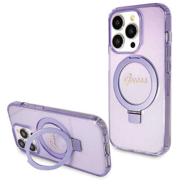 Guess Ring Stand Script Glitter MagSafe-hylster til iPhone 14 Pro Max - lilla