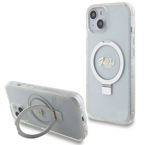 Guess Ring Stand Script Glitter MagSafe-hylster til iPhone 15 / 14 / 13 - gennemsigtigt