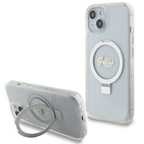 Guess Ring Stand Script Glitter MagSafe-hylster til iPhone 15 / 14 / 13 - gennemsigtigt
