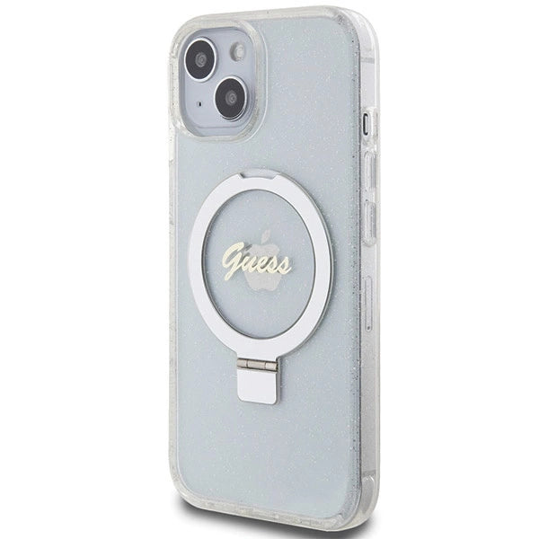 Guess Ring Stand Script Glitter MagSafe-hylster til iPhone 15 / 14 / 13 - gennemsigtigt